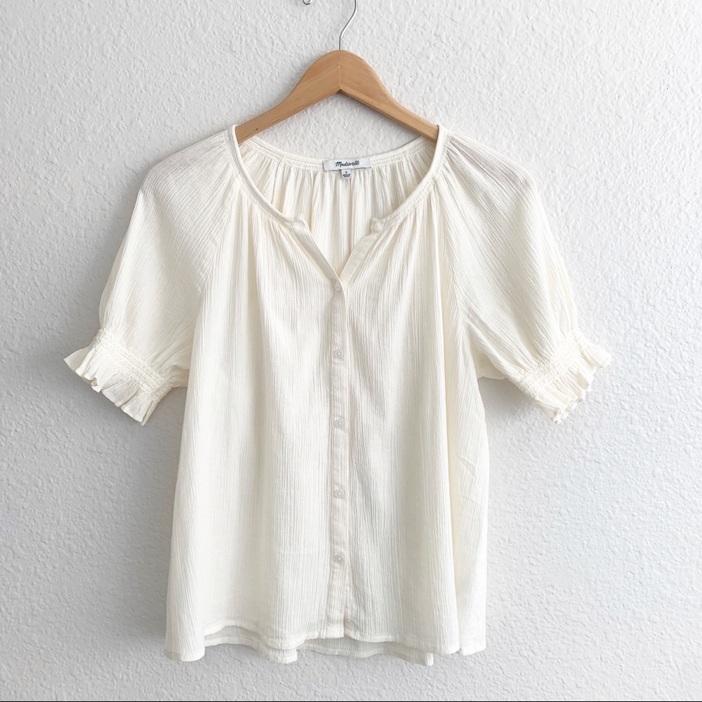 Madewell Smocked Button-Down Top in Cream